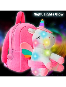 Urbanstream Unicorn Backpack for Toddler Girls Light UP - Stuffed Animal Backpack for Girls - Glowing Unicorn Stuffed Animal Backpack- Plush Toy Backpack for Kids Age 2+ 