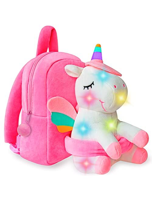 Urbanstream Unicorn Backpack for Toddler Girls Light UP - Stuffed Animal Backpack for Girls - Glowing Unicorn Stuffed Animal Backpack- Plush Toy Backpack for Kids Age 2+ 