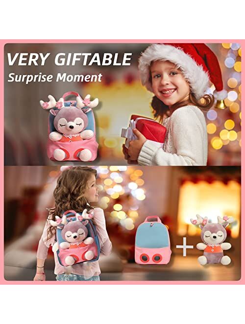Airney Cute Toddler Backpack for Girls, Mini Baby Girl Backpack for Toddler Girls Toys 2 3 4 5 6 years old, Little Doll Stuffed Animal kids Plush Backpack(Pink)
