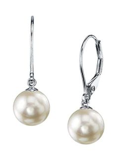 White Japanese Akoya Real Pearl Earrings for Women - 14k Gold Leverback Earrings | Hypoallergenic Earrings with Genuine Cultured Pearls, 7.5-9.0mm