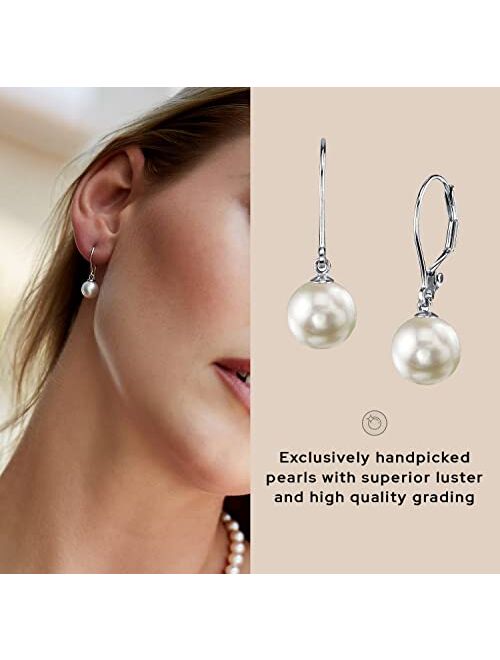 THE PEARL SOURCE White Japanese Akoya Real Pearl Earrings for Women - 14k Gold Leverback Earrings | Hypoallergenic Earrings with Genuine Cultured Pearls, 7.5-9.0mm