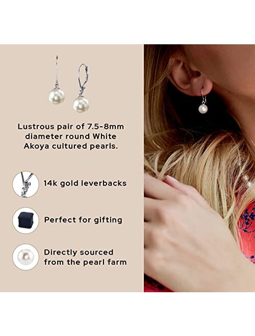 THE PEARL SOURCE White Japanese Akoya Real Pearl Earrings for Women - 14k Gold Leverback Earrings | Hypoallergenic Earrings with Genuine Cultured Pearls, 7.5-9.0mm