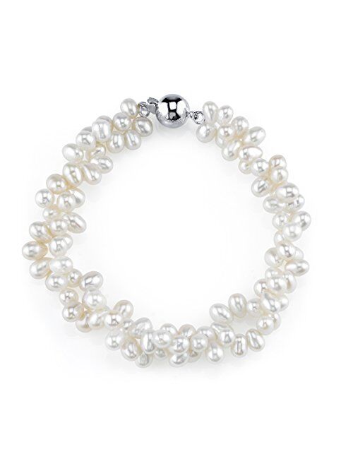 THE PEARL SOURCE 4-5mm Rice Shaped White Freshwater Pearl Bracelet for Women - Cultured Pearl Bracelet in 925 Sterling Silver with Genuine Cultured Pearls