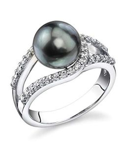 Tahitian South Sea Cultured Pearl Ring for Women, Tessa Ring in Black with Sterling Silver and Crystals - THE PEARL SOURCE