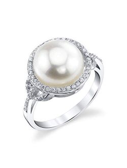 Freshwater Cultured Pearl Ring for Women with Button Pearl and Cubic Zirconia on Sterling Silver - THE PEARL SOURCE