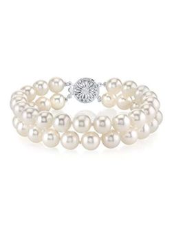 Sterling Silver AAA Quality Round White Freshwater Cultured Pearl Double Strand Bracelet for Women