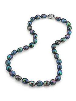 Sterling Silver 9-10mm AAA Quality Baroque Black Freshwater Cultured Pearl Necklace for Women