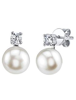 7-8mm Genuine White Freshwater Cultured Pearl & Cubic Zirconia Rosalie Earrings for Women