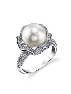 11-12mm Genuine White Freshwater Cultured Pearl & Cubic Zirconia Charriot Ring for Women