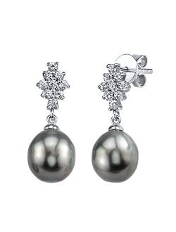 9-10mm Genuine Black Tahitian South Sea Cultured Pearl & Cubic Zirconia Gina Earrings for Women