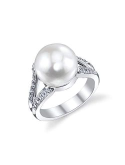 11-12mm Genuine White Freshwater Cultured Pearl & Cubic Zirconia Khloe Ring for Women