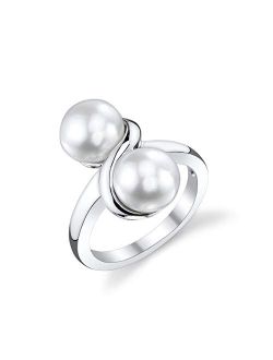7-8mm Genuine White Freshwater Cultured Pearl Double White Ring for Women