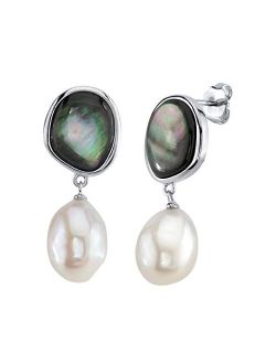 9-10mm White Freshwater Pearl & Black Mother of Pearl Nina Earrings for Women