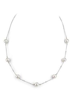 14K Gold AAA Quality Round Genuine White Japanese Akoya Saltwater Cultured Pearl Tincup Necklace for Women