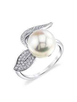10-11mm Genuine White Freshwater Cultured Pearl & Cubic Zirconia Leaf Ring for Women