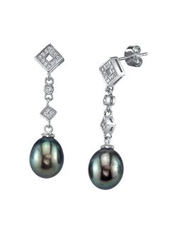 9-10mm Genuine Baroque Black Freshwater Cultured Pearl & Cubic Zirconia Shape Earrings for Women