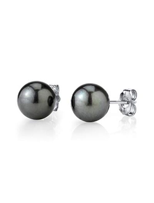 THE PEARL SOURCE Tahitian Real Pearl Earrings for Women - Black 14k Gold Stud Earrings | Hypoallergenic Earrings with Genuine Cultured Pearls, 8.0mm-12.0mm