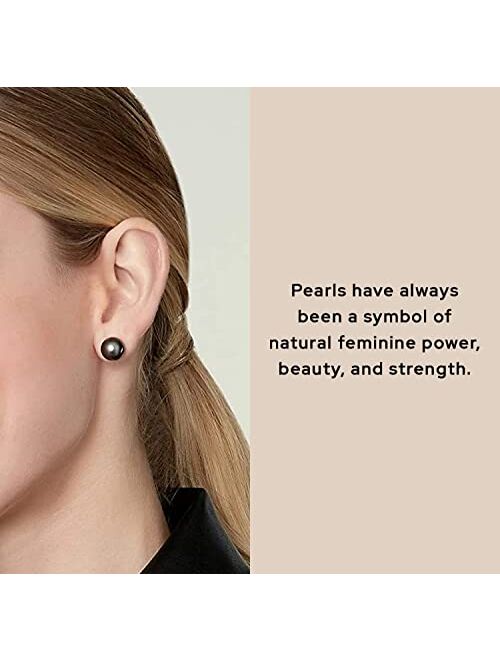 THE PEARL SOURCE Tahitian Real Pearl Earrings for Women - Black 14k Gold Stud Earrings | Hypoallergenic Earrings with Genuine Cultured Pearls, 8.0mm-12.0mm