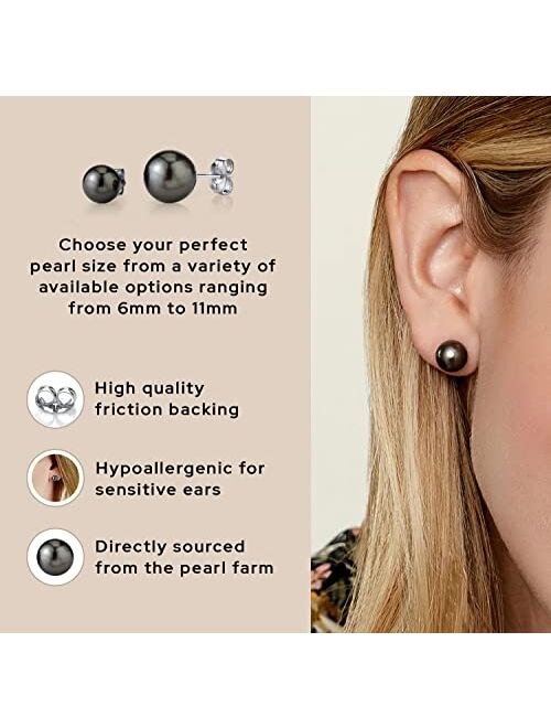 THE PEARL SOURCE Tahitian Real Pearl Earrings for Women - Black 14k Gold Stud Earrings | Hypoallergenic Earrings with Genuine Cultured Pearls, 8.0mm-12.0mm