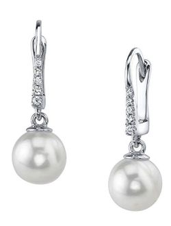 14K Gold AAA Quality Round Genuine White Akoya Cultured Pearl & Diamond Susan Earrings for Women