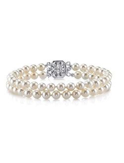 Sterling Silver AAAA Quality Round White Double Freshwater Cultured Pearl Bracelet for Women