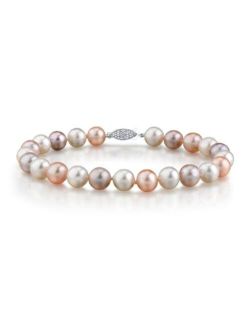Sterling Silver 7-8mm AAA Quality Round Multicolor Freshwater Cultured Pearl Bracelet for Women