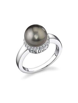 8-9mm Genuine Black Tahitian South Sea Cultured Pearl & Cubic Zirconia Ashley Ring for Women