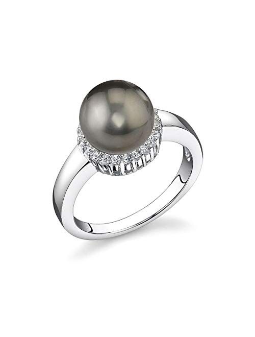 THE PEARL SOURCE 8-9mm Genuine Black Tahitian South Sea Cultured Pearl & Cubic Zirconia Ashley Ring for Women