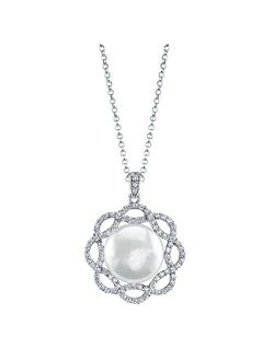 12-13mm Genuine White Freshwater Cultured Pearl & Cubic Zirconia Flora Pendant Necklace for Women