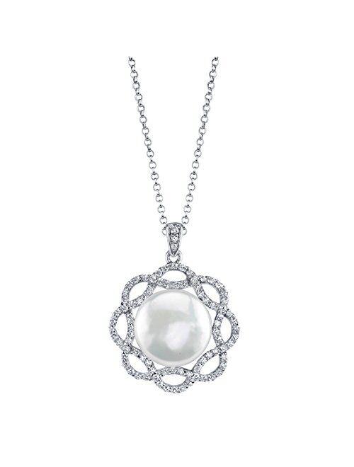 THE PEARL SOURCE 12-13mm Genuine White Freshwater Cultured Pearl & Cubic Zirconia Flora Pendant Necklace for Women