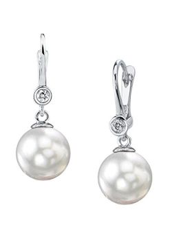 14K Gold Round Genuine White South Sea Cultured Pearl & Diamond Michelle Earrings for Women