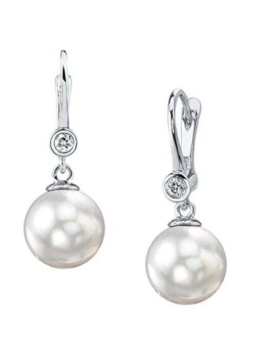 THE PEARL SOURCE 14K Gold Round Genuine White South Sea Cultured Pearl & Diamond Michelle Earrings for Women
