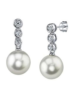 8-9mm Genuine White Freshwater Cultured Pearl & Cubic Zirconia Link Earrings for Women