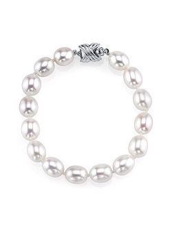 Sterling Silver 10-11mm AAA Quality Oval White Freshwater Cultured Pearl Bracelet for Women