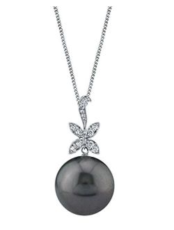 8-9mm Black Tahitian South Sea Cultured Pearl & Cubic Zirconia Butterfly Pendant Necklace for Women