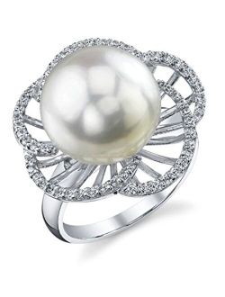 11-12mm Genuine White Freshwater Cultured Pearl & Cubic Zirconia Rebecca Ring for Women