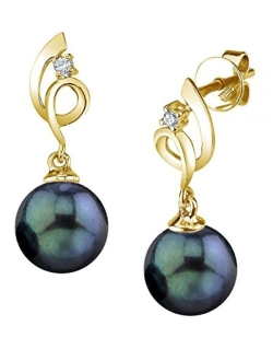 14K Gold AAA Quality Round Genuine Black Akoya Cultured Pearl & Diamond Symphony Earrings for Women