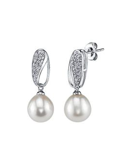 9-10mm Genuine White Freshwater Cultured Pearl & Cubic Zirconia Sway Earrings for Women
