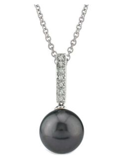 14K Gold Round Black Tahitian South Sea South Sea Cultured Pearl & Diamond Dangling Pendant Necklace for Women