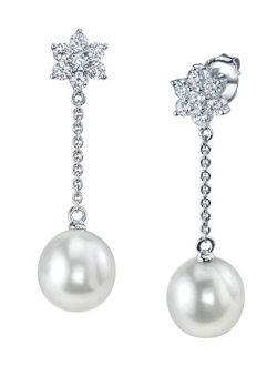 8-9mm Genuine White Freshwater Cultured Pearl & Cubic Zirconia Snowflake Earrings for Women