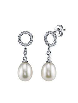 8-9mm Genuine White Freshwater Cultured Pearl & Cubic Zirconia Halo Earrings for Women
