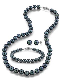 14K Gold Round Black Akoya Cultured Pearl Necklace, Bracelet & Earrings Set in 18" Princess Length for Women