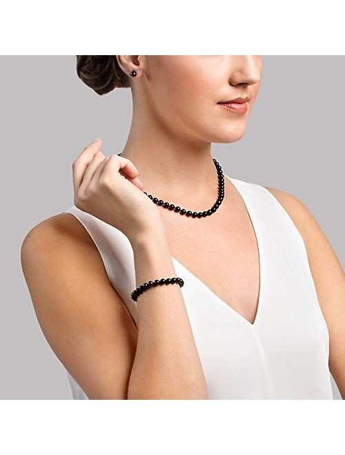 THE PEARL SOURCE 14K Gold Round Black Akoya Cultured Pearl Necklace, Bracelet & Earrings Set in 18" Princess Length for Women