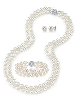 14K Gold Round White Freshwater Cultured Pearl Double Strand Necklace, Bracelet & Earrings Set in 16" Choker Length for Women