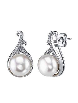 9-10mm Genuine White Freshwater Cultured Pearl & Cubic Zirconia Cantor Earrings for Women