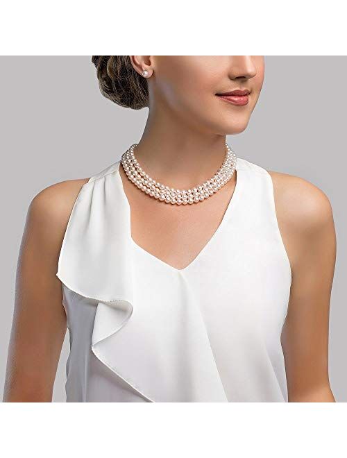 THE PEARL SOURCE Triple Strand White Freshwater Cultured Pearl Necklace for Women in 18-19-20" Matinee Length