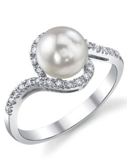 14K Gold 7.5-8mm Round Genuine White Akoya Cultured Pearl & Diamond Cheryl Ring for Women