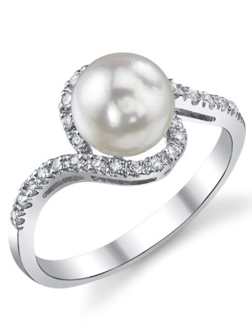 THE PEARL SOURCE 14K Gold 7.5-8mm Round Genuine White Akoya Cultured Pearl & Diamond Cheryl Ring for Women
