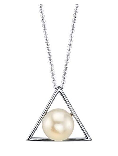 THE PEARL SOURCE 9-10mm Button-Shape White Freshwater Cultured Pearl Finley Triangle Pendant Necklace for Women