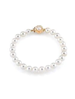 14K Gold 8-9mm AAA Quality Round White Freshwater Cultured Pearl Flower Clasp Bracelet for Women